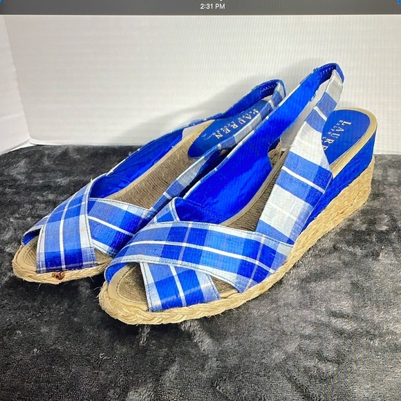 Lauren Ralph Lauren Women's Camara Blue Shantung Plaid Slingback Fabric Size 10B - Picture 1 of 13